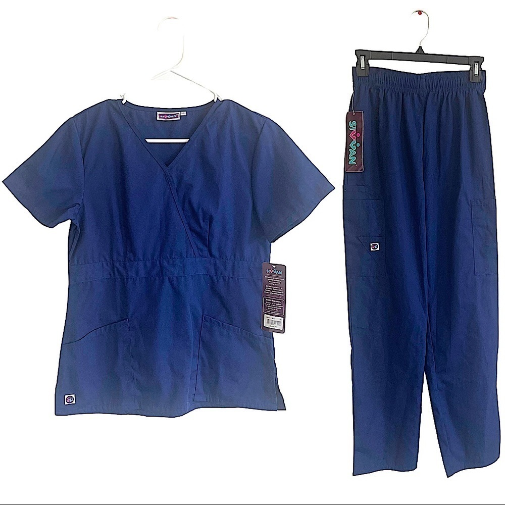 SIVVAN Navy Blue Short Sleeve Scrubs Set Size XS V-neck NEW WITH TAGS Elastic